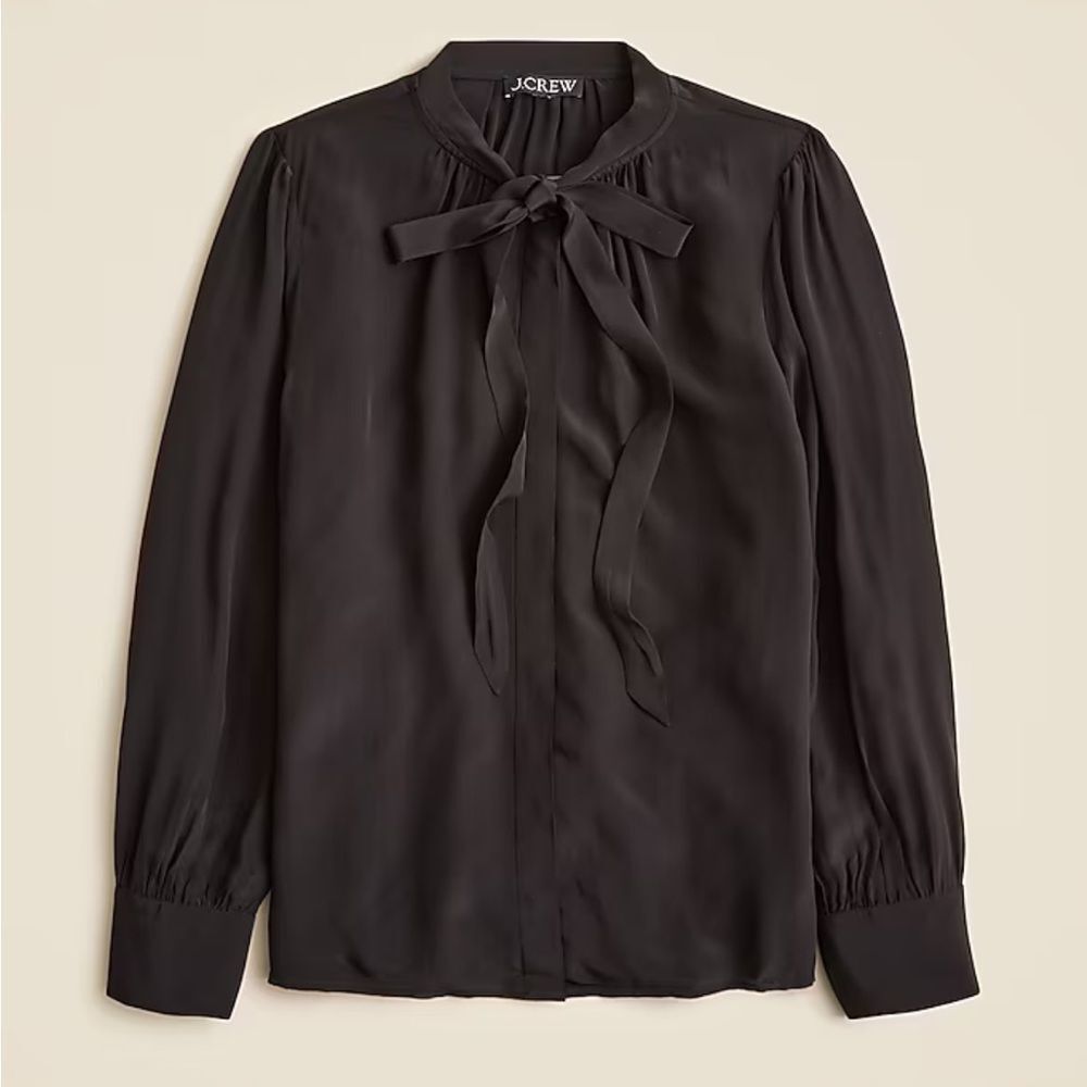 J. Crew Tie-neck blouse‎ in crepe de chine black satin size 2